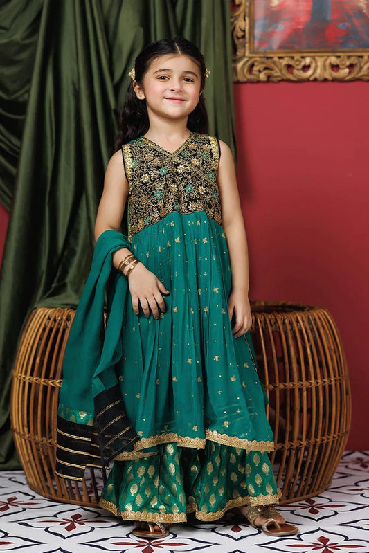 Picture of Kids formal clothes | Green & Multicolor | Formal 3 Piece Suit | Viscose Crinkle Chiffon | KDD-03108 - Available at Raja Sahib