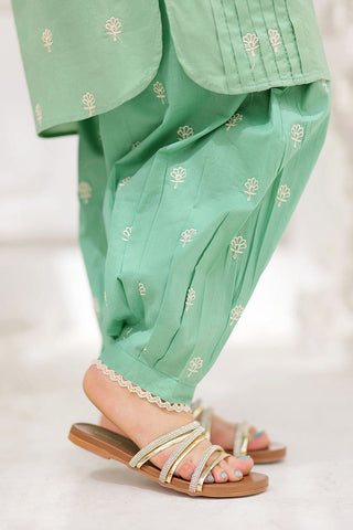 LAD-02197 | Green | Casual 3 Piece Suit  | Cotton Plain  Embroidery