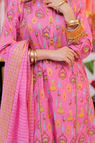 LAD-02531 | Pink & Gold | Casual Plus 3 Piece Suit  | Cotton Gold Print Lawn