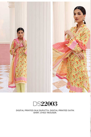 3 PC Printed Satin Suit DS22003 Aangan Collection
