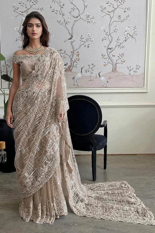 Picture of Threads & Motifs - Net Embroidered Saree (OFS) - Available at Raja Sahib