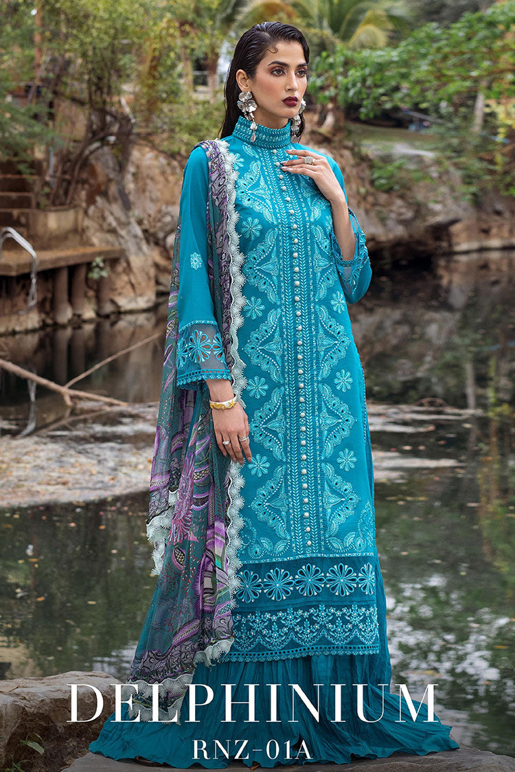 Picture of Roheenaz - RNZ 01A Delphinium Dahlia Embroidered Lawn Collection - Available at Raja Sahib