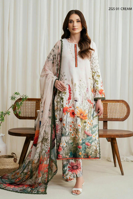 Zarif - Printed Georgette Silk Collection - ZGS-01 Cream - Unstitched