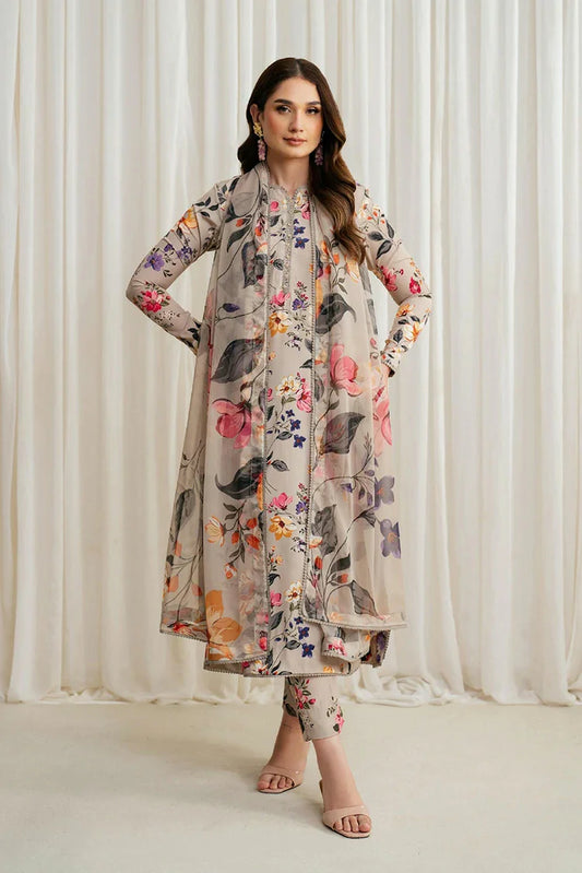 Zarif - Printed Georgette Silk Collection - ZGS-05 Beige - Unstitched