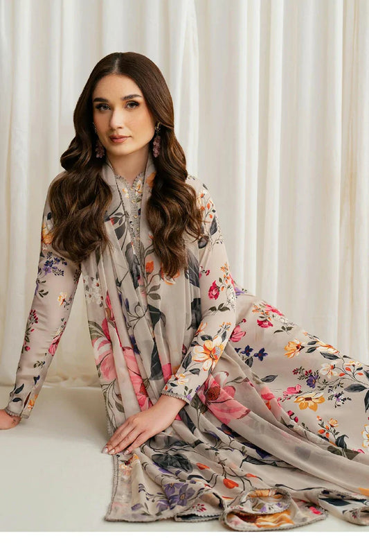 Zarif - Printed Georgette Silk Collection - ZGS-05 Beige - Unstitched