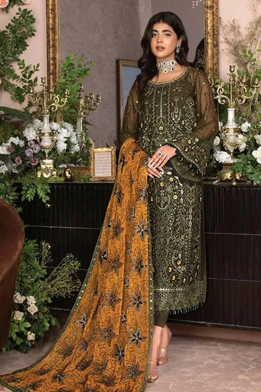 Picture of Janique - Luxury Chiffon Collection Vol 6 - 04 Olive - Unstitched - Available at Raja Sahib