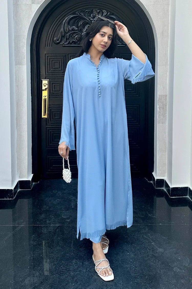 Picture of Manahils - Ice Blue Button Set + Fringes - 2 Pc - Available at Raja Sahib