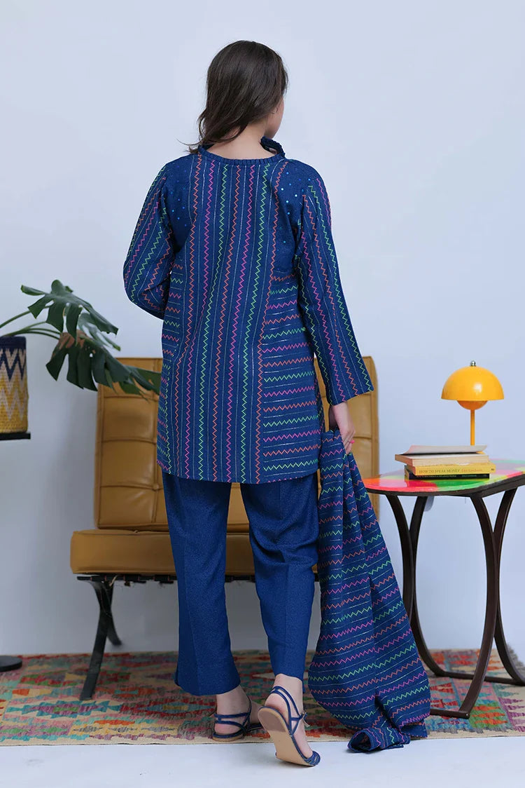 Picture of GAD-02832 | Blue & Multicolor | Casual 3 Piece Suit | Karandi Fabric Dobby Jacquard - Available at Raja Sahib