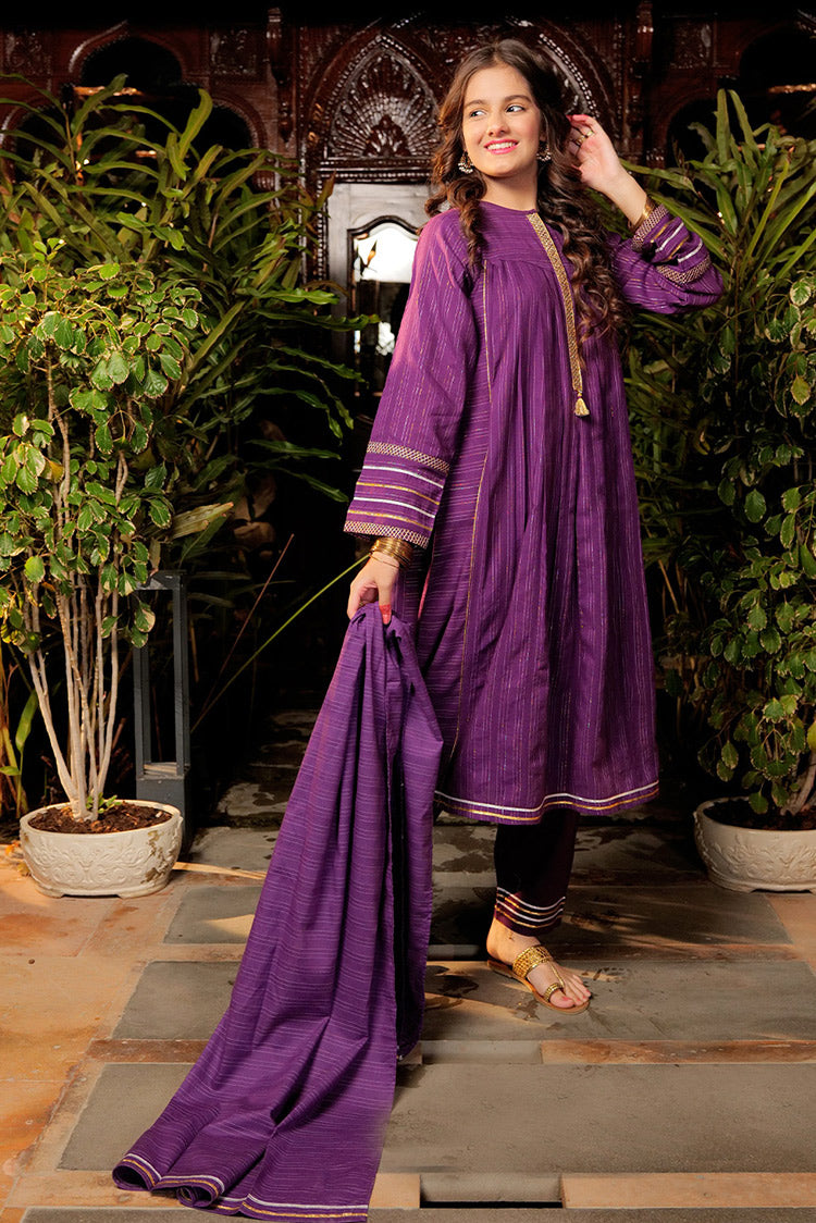 Picture of Senorita - GBD-02602 | Purple & Gold | Casual Plus 3 Piece Suit  | Cotton Dobby Jacquard - Available at Raja Sahib