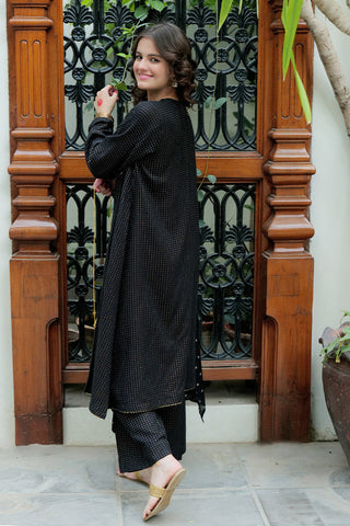 Picture of Senorita - GBD-02623 | Black & Gold | Casual Plus 3 Piece Suit  | Cotton Dobby Jacquard - Available at Raja Sahib