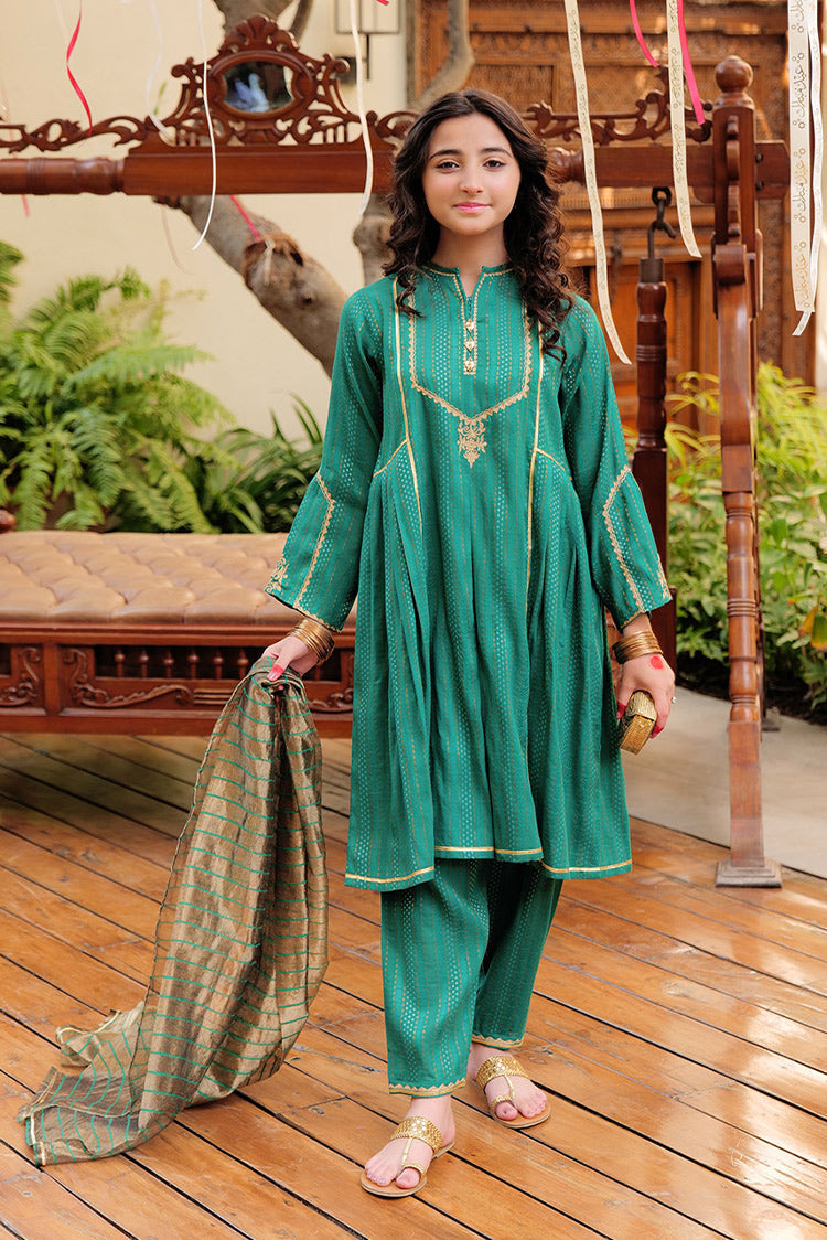 Picture of Senorita - GBD-02629 | Turquoise Green & Golden | Casual Plus 3 Piece Suit  | Cotton Dobby Jacquard - Available at Raja Sahib