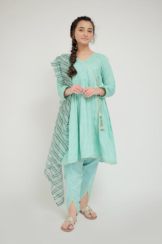 Picture of Senorita - GBD-02666 | Sea Green & Gold | Casual Plus 3 Piece Suit  | Viscose Jacquard Flament - Available at Raja Sahib