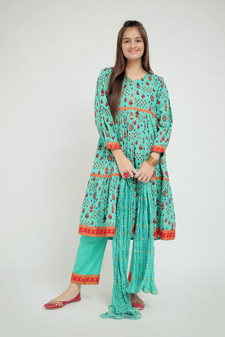 Picture of Senorita - GBD-02675 | Sea Green & Gold | Casual Plus 3 Piece Suit  | Cotton Gold Print Lawn - Available at Raja Sahib