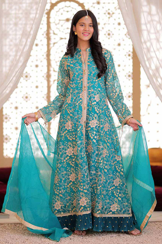 Picture of Senorita - GDD-02372 | Turquoise Green & Golden | Formal 3 Piece Suit  | Plain Organza Banarsi - Available at Raja Sahib