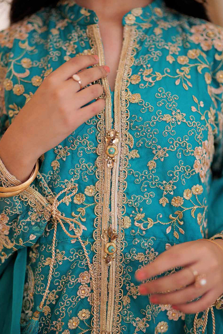 Picture of Senorita - GDD-02372 | Turquoise Green & Golden | Formal 3 Piece Suit  | Plain Organza Banarsi - Available at Raja Sahib