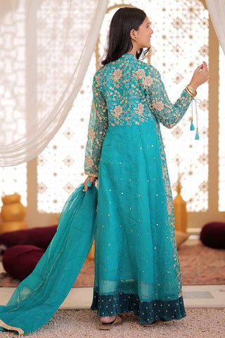 Picture of Senorita - GDD-02372 | Turquoise Green & Golden | Formal 3 Piece Suit  | Plain Organza Banarsi - Available at Raja Sahib