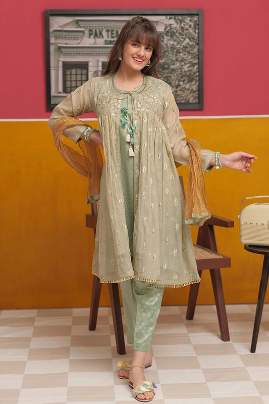 Picture of GDD-02744 | Green& Gold | Formal 3 Piece Suit | Banarsi Masuri - Available at Raja Sahib