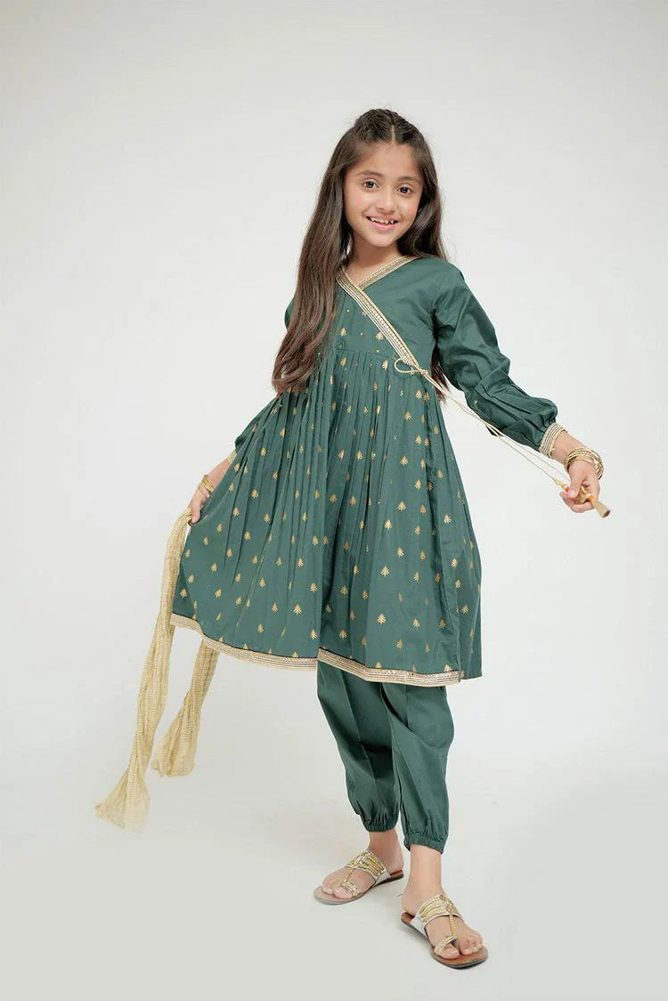 Picture of Senorita - KAD-02632 - Bottle Green & Gold - Casual 3 Piece Suit - Cotton Plain Cambric - Available at Raja Sahib