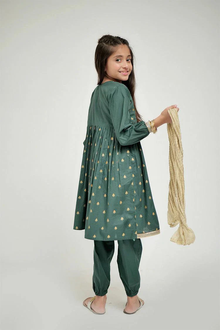 Picture of Senorita - KAD-02632 - Bottle Green & Gold - Casual 3 Piece Suit - Cotton Plain Cambric - Available at Raja Sahib