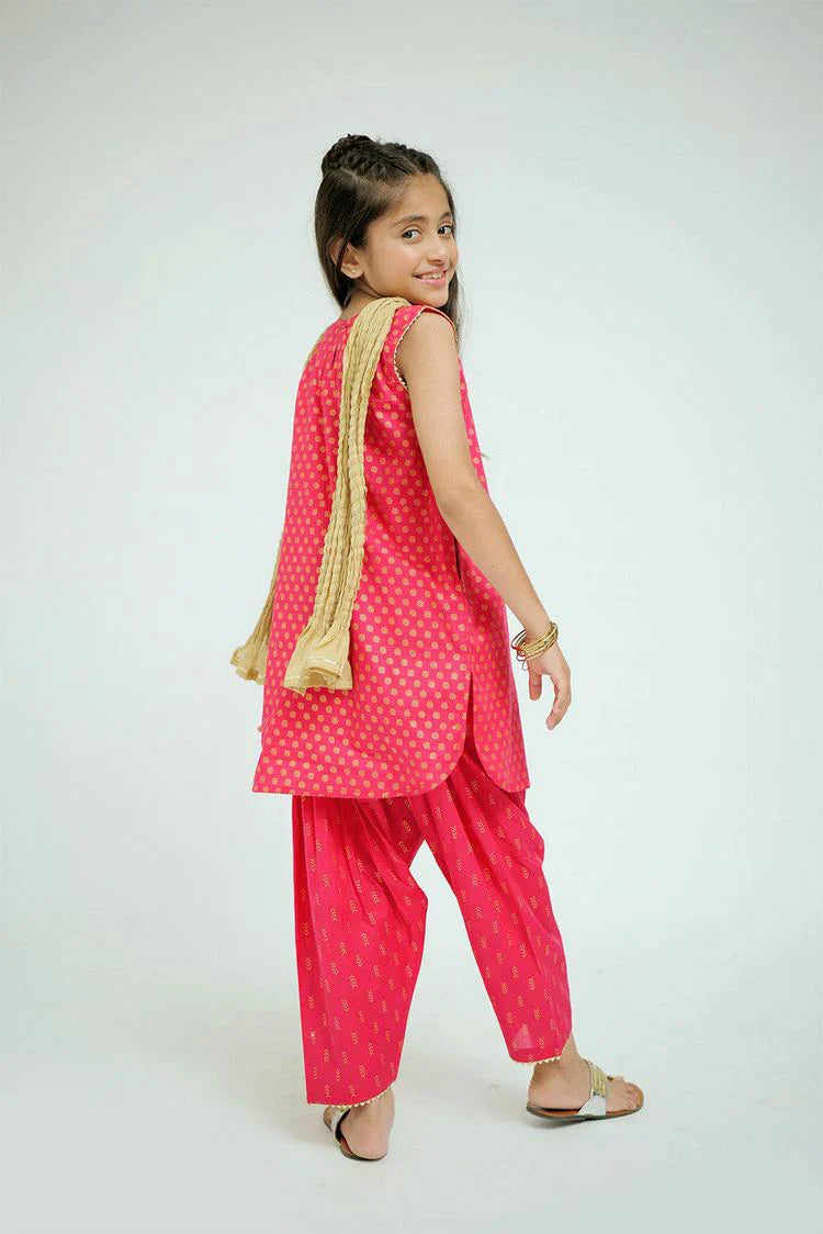 Picture of Senorita - KAD-02633 - Shocking Pink & Gold - Casual 3 Piece Suit - Cotton Plain Cambric - Available at Raja Sahib