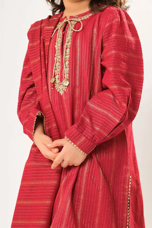 Picture of Kids winter clothes | Red & Gold | Casual 3 Piece Suit | Cotton Karandi Dobby | KAD-03217 - Available at Raja Sahib