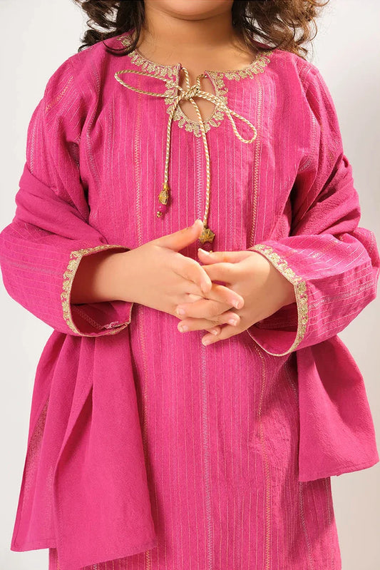 Picture of Kids winter clothes | Shocking Pink & Gold | Casual 3 Piece Suit | Cotton Karandi Dobby | KAD-03218 - Available at Raja Sahib