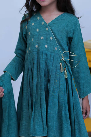 Picture of KBD-02826 | Turquoise Green & Gold | Casual Plus 3 Piece Suit | Viscose Self Dobby - Available at Raja Sahib