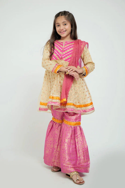 Picture of KDD-02092 | Fawn & Shocking Pink | Formal 3 Piece Suit | Banarsi Jamawar - Available at Raja Sahib