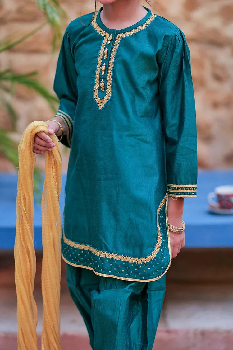 Picture of KDD-02753 | Tarquois Green & Gold | Formal 3 Piece Suit | Shamray Fancy Yarn Fabric - Available at Raja Sahib