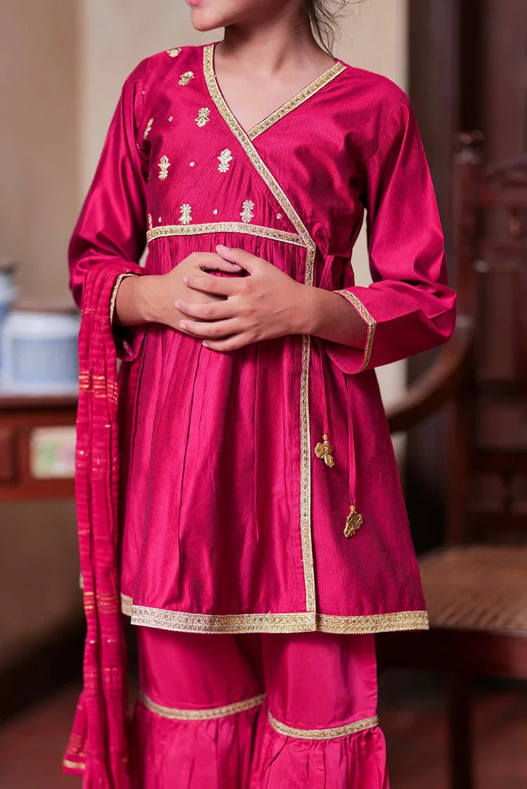 Picture of KDD-02754 | Shocking Pink & Gold | Formal 3 Piece Suit | Shamray Fancy Yarn Fabric - Available at Raja Sahib