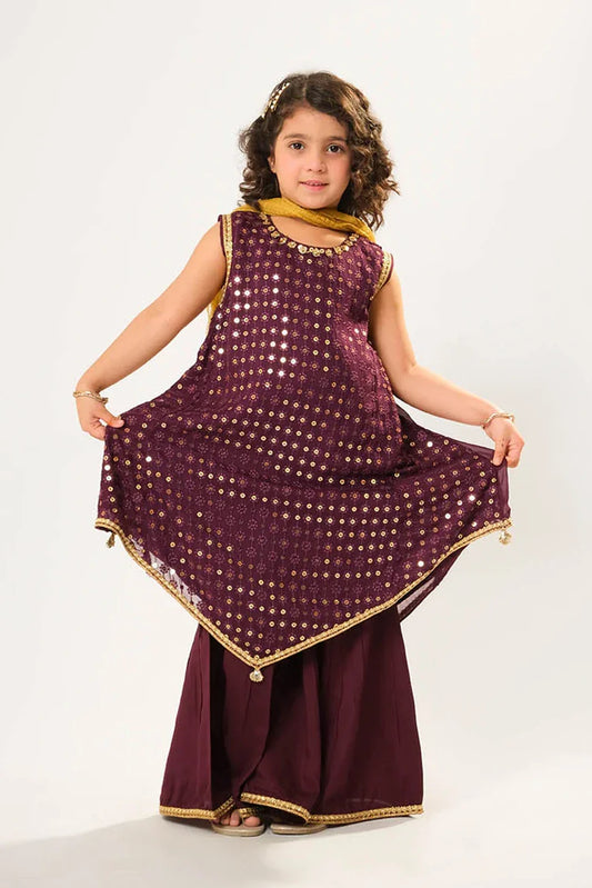 Picture of Kids formal clothes | Magenta & Gold | Formal 3 Piece Suit | Viscose Crinkle Chiffon | KDD-03049 - Available at Raja Sahib