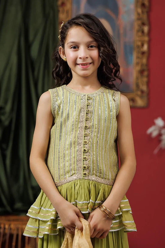 Picture of Kids formal clothes | Perot Green & Gold | Formal 3 Piece Suit | Viscose Crinkle Chiffon | KDD-03067 - Available at Raja Sahib