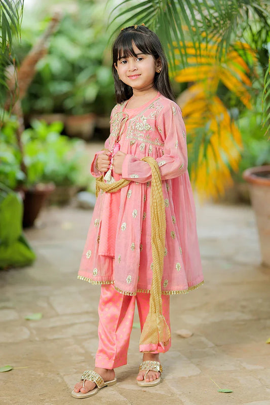 Picture of Kids formal clothes | Tea Pink & Gold | Formal 3 Piece Suit | Banarsi Masuri | KDD-03159 - Available at Raja Sahib