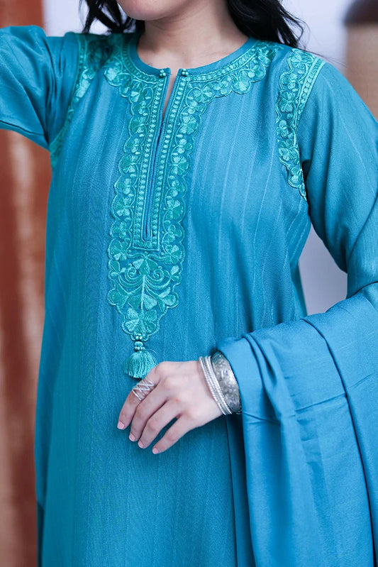 Picture of LAD-02513 | Turquoise Blue | Casual 3 Piece Suit  | Cotton Karandi Dobby - Available at Raja Sahib