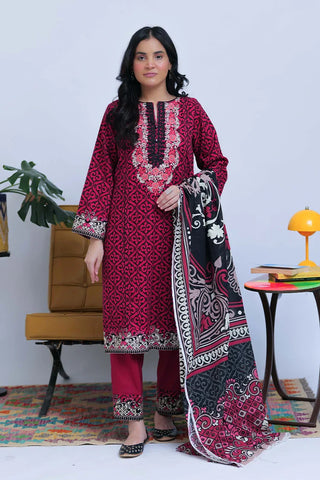 Picture of LAD-02548 | Shocking Pink & Black | Casual 3 Piece Suit  | Cotton Khaddar Printed - Available at Raja Sahib