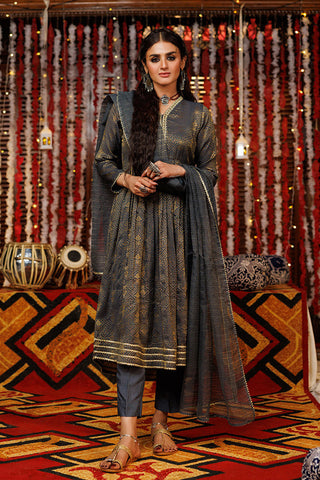 Picture of Senorita - LBD-02539 | Grey & Gold | Casual plus 3 Piece Suit  | Viscose Jacquard - Available at Raja Sahib