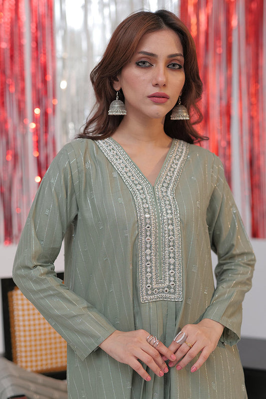 Picture of Senorita - LBD-02586 | Green & Silver | Casual plus 3 Piece Suit  | Cotton Dobby Jacquard - Available at Raja Sahib