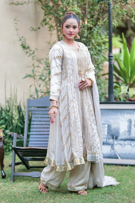 Picture of LDD-02708 | Fawn & Gold | Formal 3 Piece Suit | Banarsi Shimmer - Available at Raja Sahib