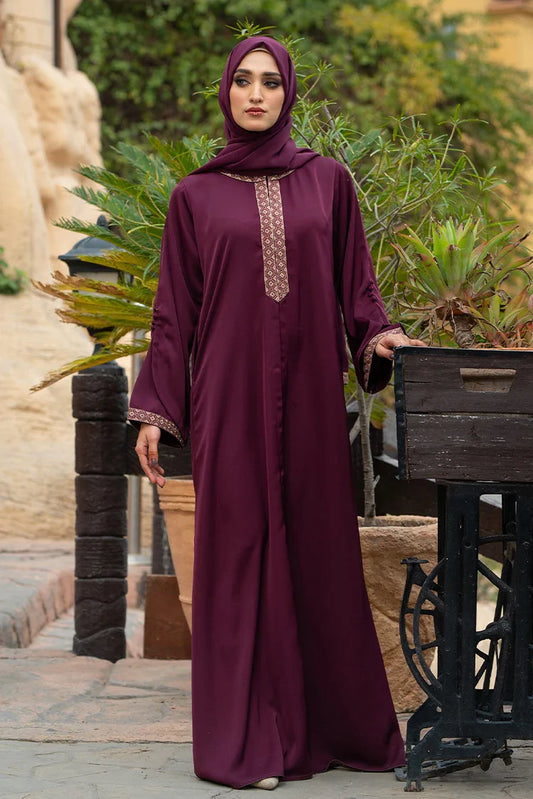 Picture of Malbus - Embroidered Abaya - Plum - Available at Raja Sahib