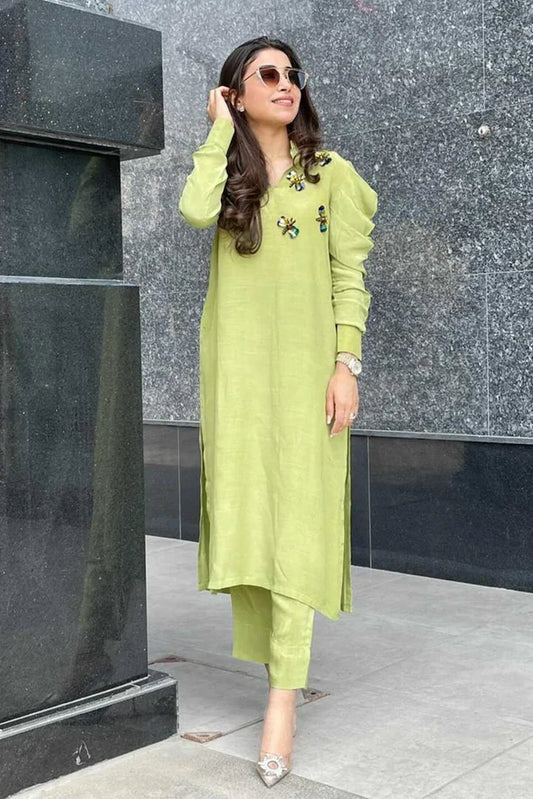 Picture of Manahils - Lemon Green Puffy Sleeves Raw Silk - 2 Pc - Available at Raja Sahib