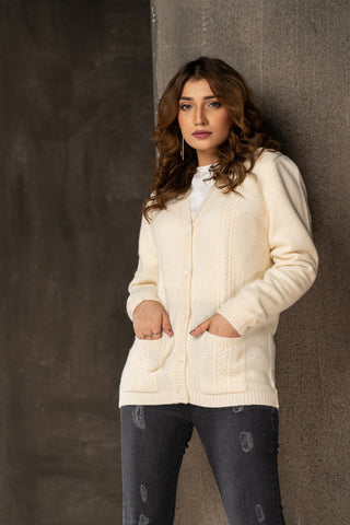 Picture of Raja Sahib - Women's V-Neck Merino Wool Blend Full Sleeves Cardigan Sweater Off White - Available at Raja Sahib