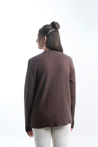 Women's V-Neck Merino Wool Blend Full Sleeves Cardigan Sweater Brown