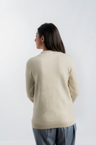 Picture of Raja Sahib - Women's Round-Neck Merino Wool Blend Full Sleeves Cardigan Sweater Beige - Available at Raja Sahib