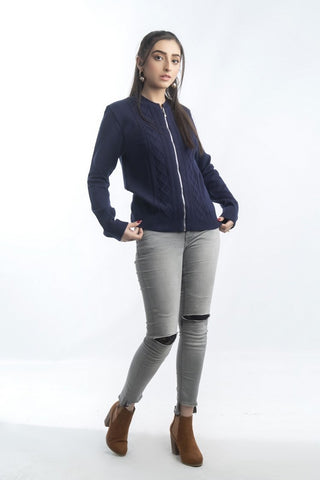 Picture of Raja Sahib - Women's Round-Neck Merino Wool Blend Full Sleeves Cardigan Sweater Navy - Available at Raja Sahib