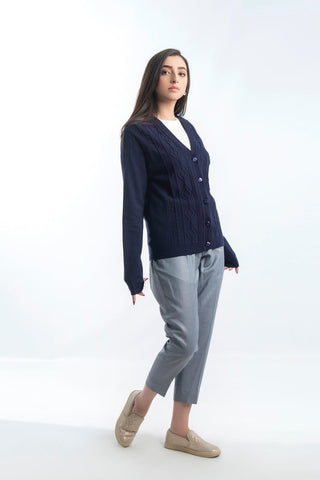 Women's V-Neck Merino Wool Blend Full Sleeves Cardigan Sweater Navy