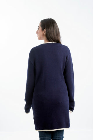 Women's Round-Neck Merino Wool Blend Full Sleeves Cardigan Sweater Navy