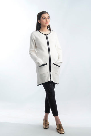 Women's Round-Neck Merino Wool Blend Full Sleeves Cardigan Sweater Off White