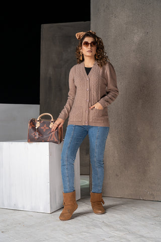 Women's V-Neck Merino Wool Blend Full Sleeves Cardigan Sweater Burlywood