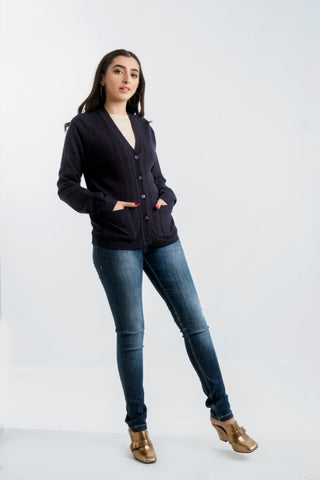 Picture of Women's V-Neck Merino Wool Blend Full Sleeves Cardigan Sweater Dark Blue - Available at Raja Sahib