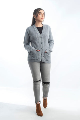 Women's V-Neck Merino Wool Blend Full Sleeves Cardigan Sweater Grey
